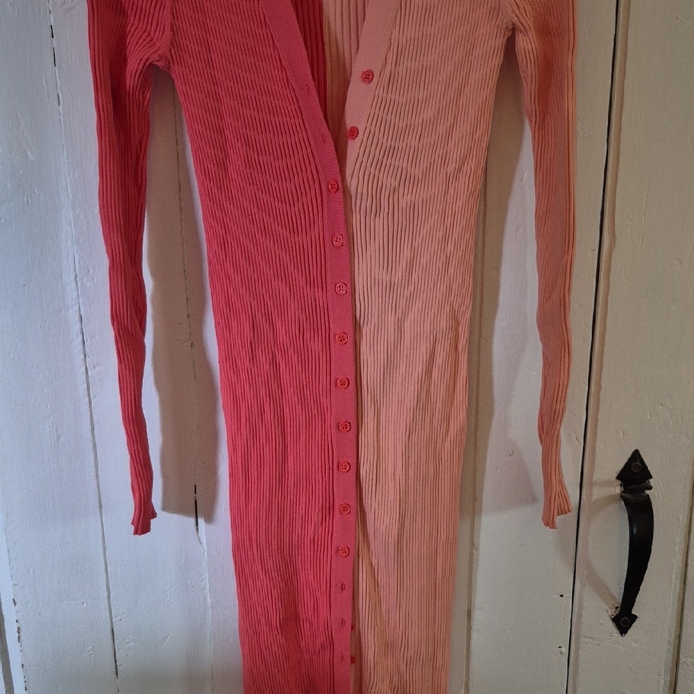 STAUD Shoko LG Ribbed Cardigan Maxi Dress in Pink and Peach - Picture 5 of 8